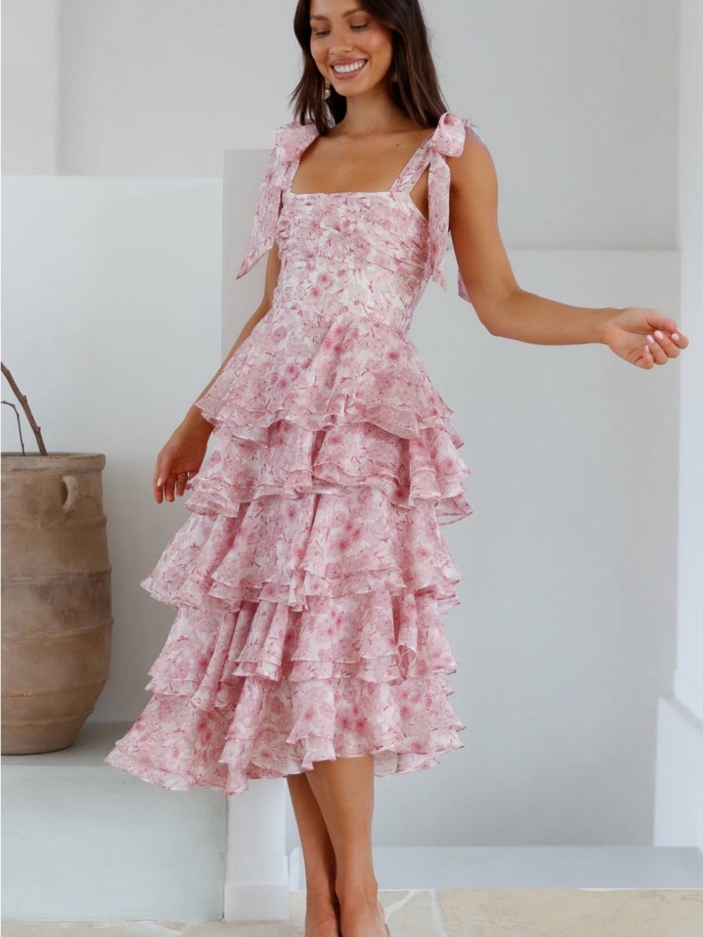 Tiered Pink Floral Midi Dress with Tie Shoulder Straps - Picture 2 of 6